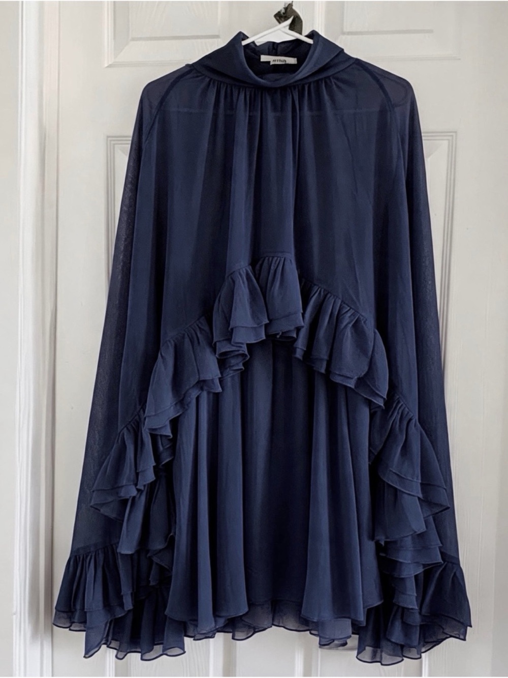 Commense Semi-Sheer Chiffon Ruffle Dress With Outer Cape - Picture 13 of 16
